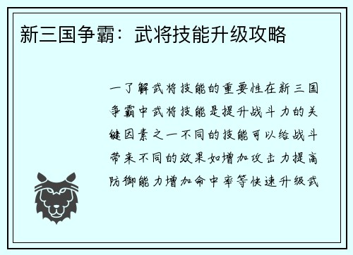 新三国争霸：武将技能升级攻略